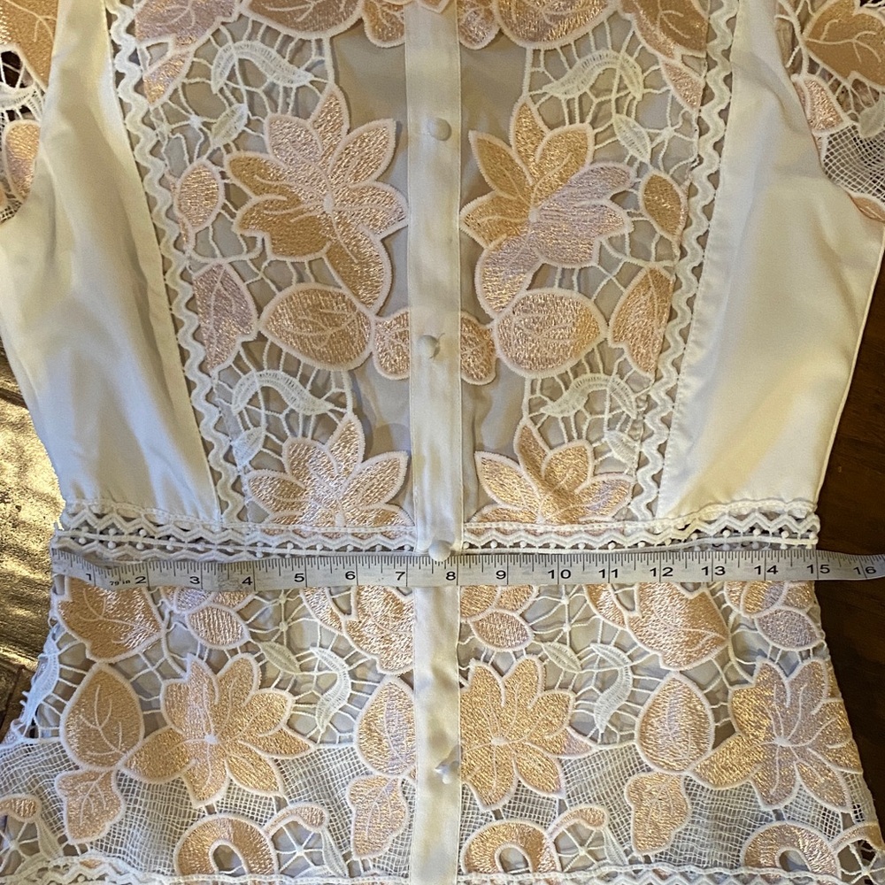 NWT Han Qing Mu Mu Elegant Retro Lace Cutout Ivory & Peach Midi Dress Size 2 - Picture 11 of 15